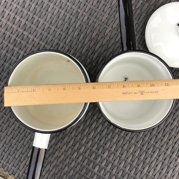 Vintage Double Boiler Enamelware White Black 3 Piece Set Pots & Lid - Picture 9 of 13